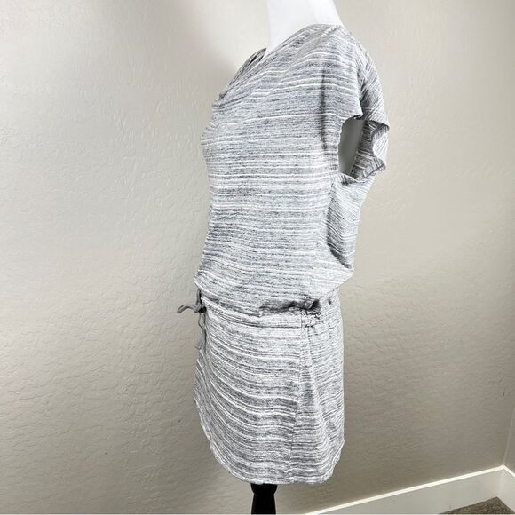 LOFT Gray Striped Cotton Tunic Top Cowl Neck Cap Sleeve Drawstring Waist Small - Picture 3 of 10